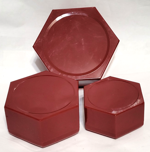 3 Hexagon Red Celluloid Nesting Trinket Boxes in original box, Hong Kong VTG - Picture 6 of 6