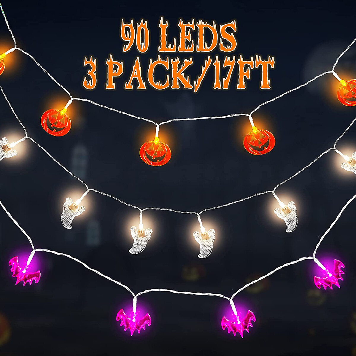 3Pcs Halloween String Lights 15Ft Waterproof 30 LEDs Luminous Hanging ...