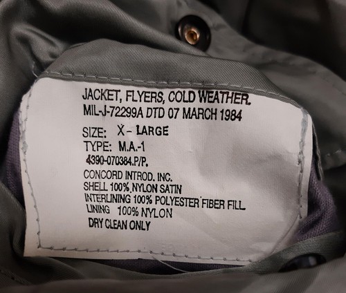Chaqueta MA1 Original EE. UU. Bombardero de Vuelo Concord Piloto Aéreo Ejército Militar Acolchada Cálida - Imagen 5 de 9