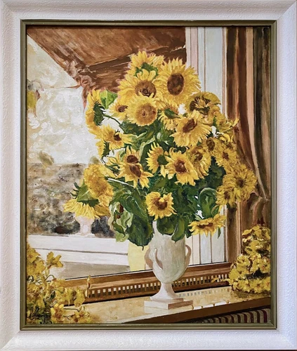 Hand painted unique on canvas! Still Life SUNFLOWERS Faint 1980 Painting