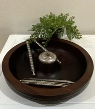 Vtg Antique Parsons Products Primitive Style Dark Wood Nut Bowl & Accessories