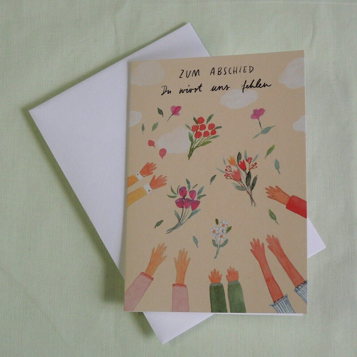 ZUM ABSCHIED Du wirst uns fehlen Lena Yokota Klappkarten Hände Blumenstrauß