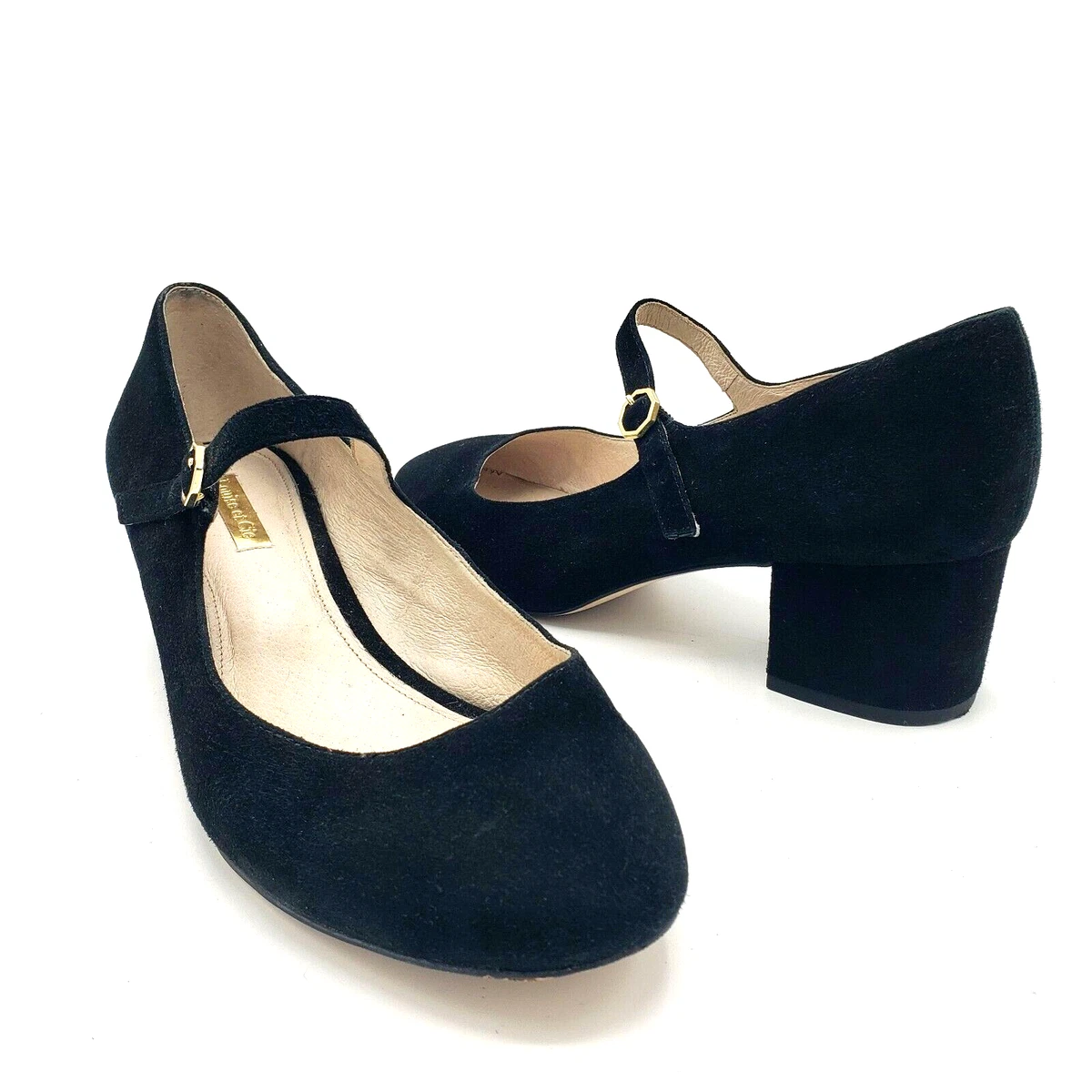 Louise et Cie Korrie 9.5 Mary Jane Pumps Black Suede Gold Buckle