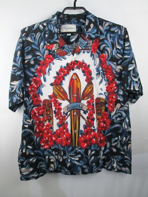 Kalaheo Hawaiian Aloha Shirt Sz L Short Sleeve Tiki Surf Board Made in USA