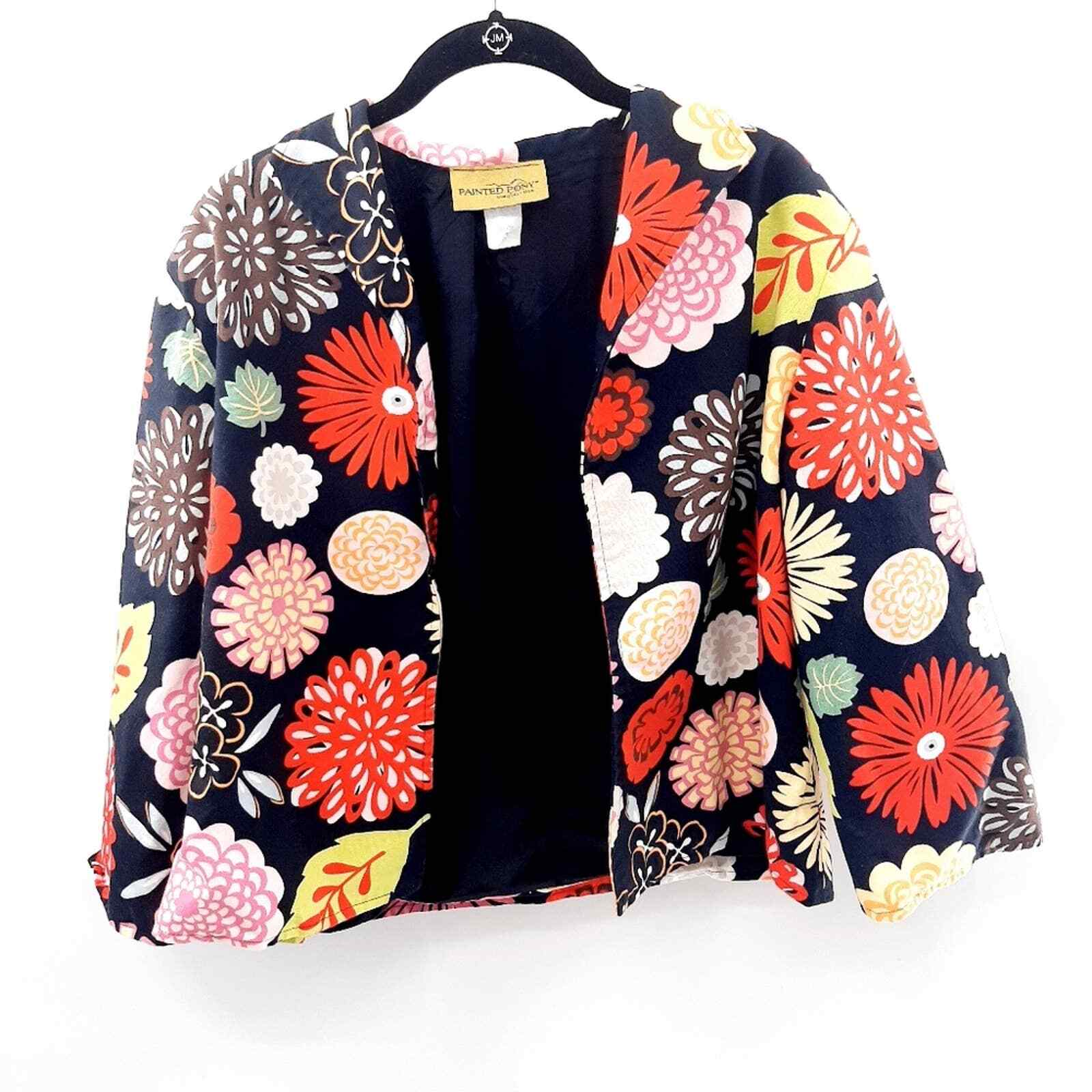 Giacca vintage dipinta pony stampa floreale manica 3 4 taglia L