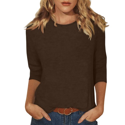 Women's Fashion Casual Three Quarter Sleeve T-Shirt Solid Color O-Neck Tops - Picture 14 of 30