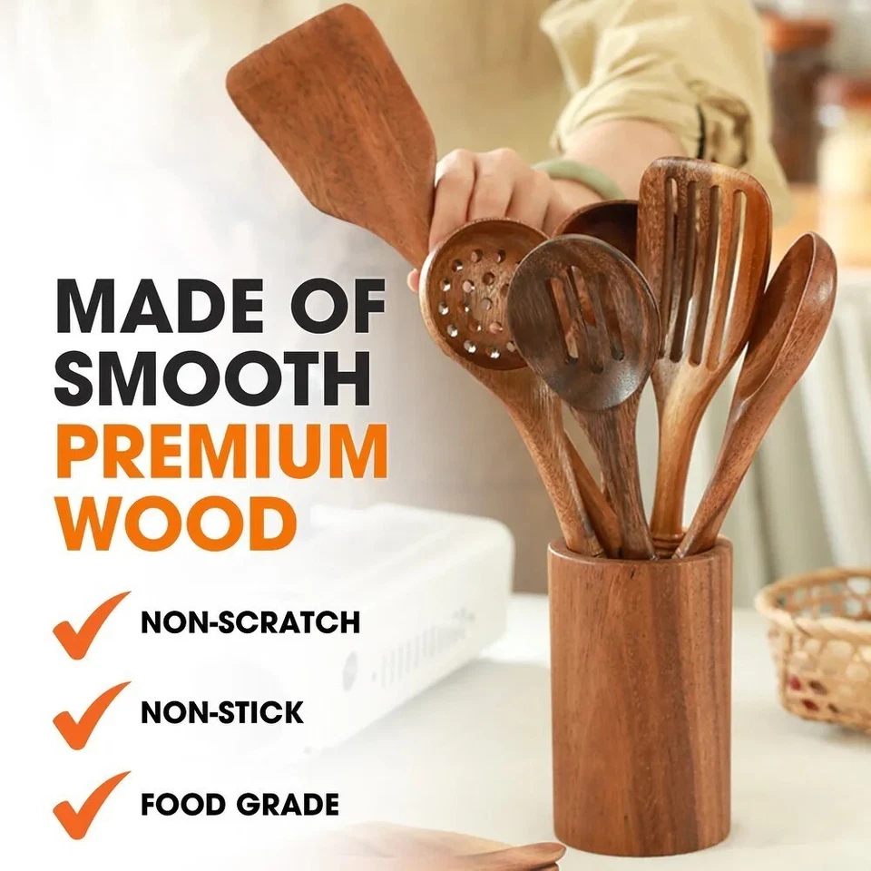 Juego de utensilios de cocina de madera de teca natural de 9 piezas con reposacuchara y soporte para cuchara Foto 4 de 4