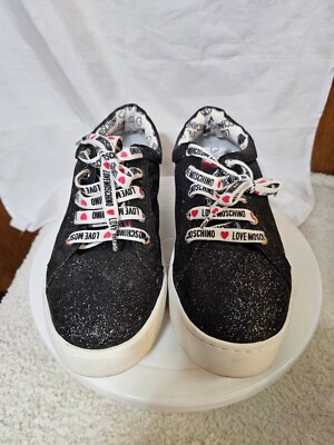 Love Moschino Women's Black Glitter Lace-Up Sneakers Shoes