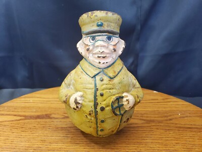 Vintage Railroad Train Conductor ~ Ticket Collector Cast Iron Bank - 7'' Tall