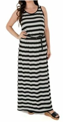 Nwt Womens Fever Long Maxi Striped Dress Black Gray Grey Belted S M L XL