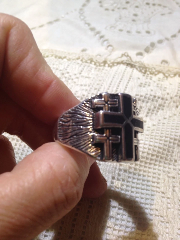 Anillo Vintage Plata Blanco Bronce Para Hombre Cruz Incrustación Piedra Negra Talla 10.5 Foto 4 de 4