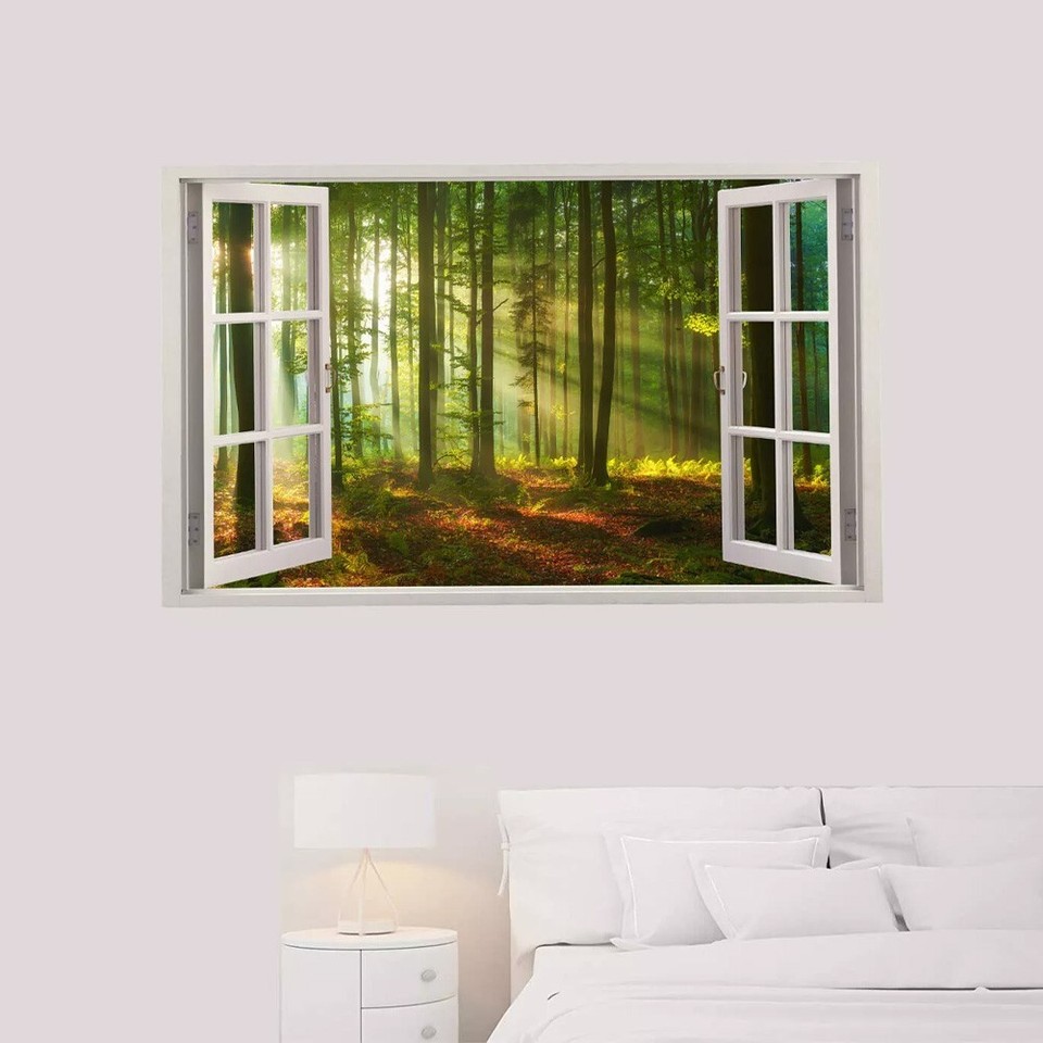Realistic Fake Window Scenery Decal Forest Woodland Wall Art Vinyl