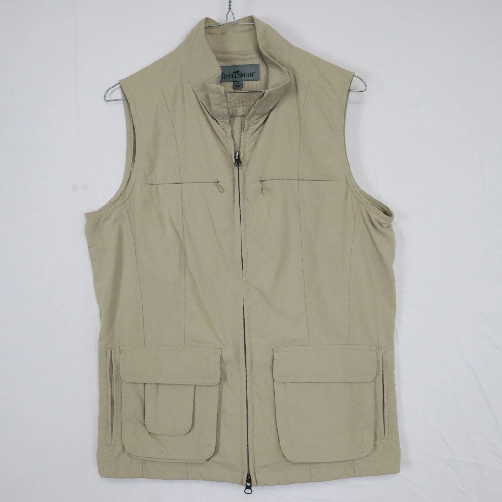 TravelSmith Vest Mens Small Outdoor Safari Hiking Photo Nylon Beige Sleeveless