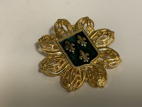 SPILLA STEMMA ARALDICA VINTAGE TONO ORO FILIGRANA SMALTO VERDE SMERALDO FLEUR DE LIS - Foto 2 di 4