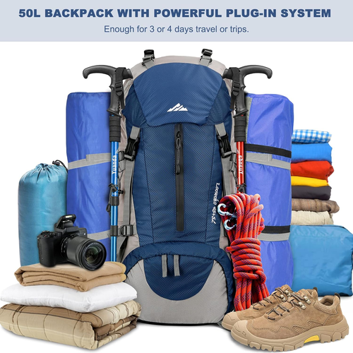 50L Hiking Backpack, Waterproof Camping Essentials Bag with Rain Cover, 45+5 Lit - Picture 2 of 6