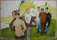 Ukrainian soviet oil Painting realism figure young girl boy boating