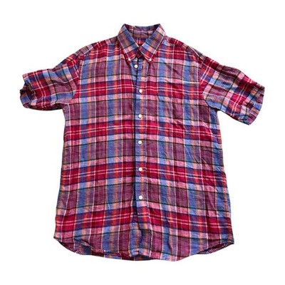 Orvis Linen Plaid Button Down Shirt Mens L Short Sleeve Summer Casual