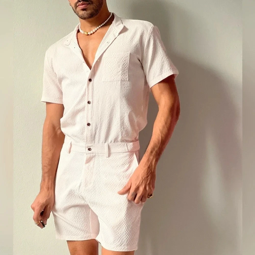 NWT RomperJack Pink White Stripe Short Sleeve Romper Size L Mandarin Collar