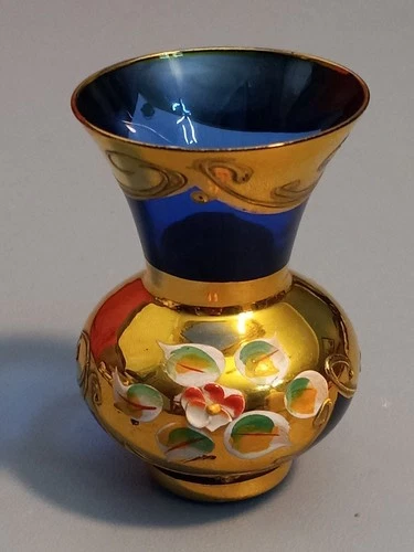 Vtg Venetian Murano Cobalt Blue Small Glass Vase w Applied Flowers & Gold, Italy