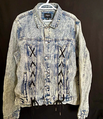 Forever 21 men’s  Blue Denim Jacket Lace-Up Sides Button Front Pockets  video thumbnail