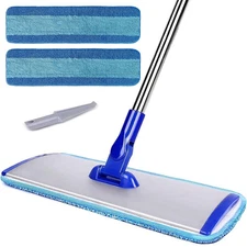 Microfiber Mop 18 Inch Flat Stainless Steel Handle 2 Reusable Pads Blue