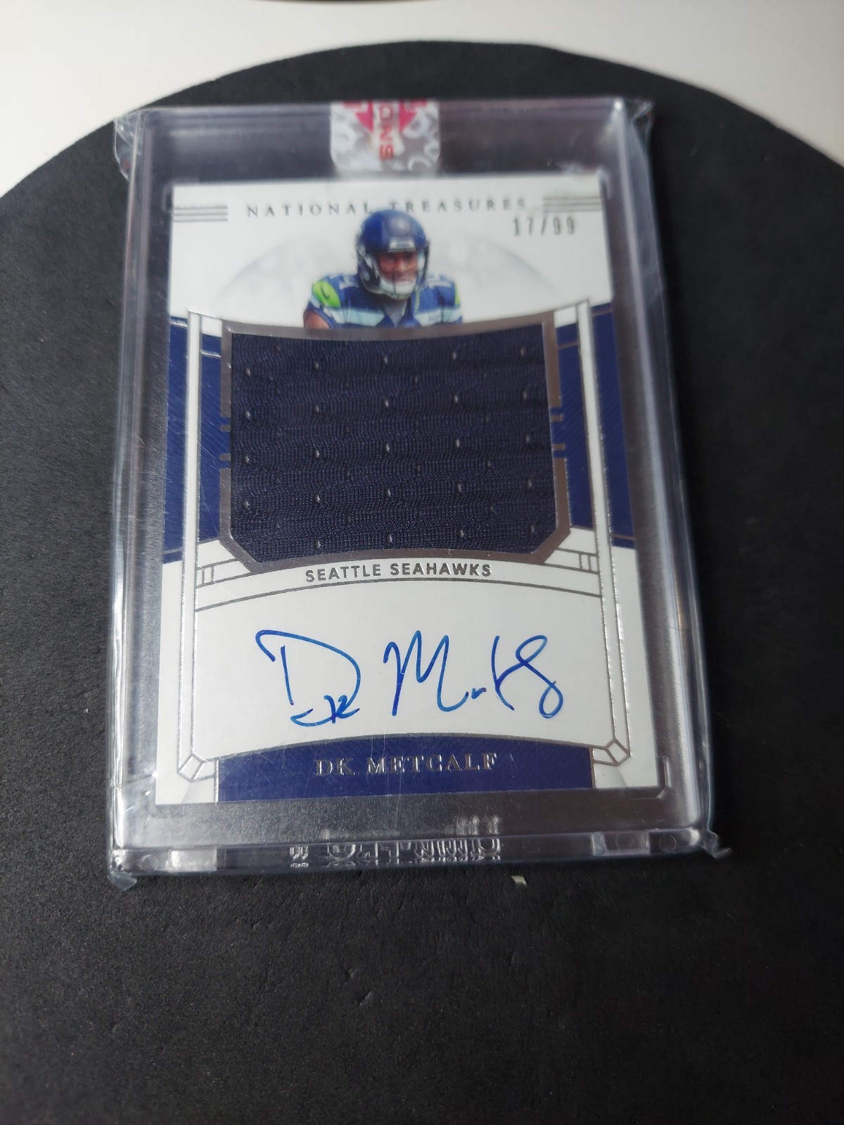 DK Metcalf National Treasures, PSA 10, Blue Ink Auto, Patch, /99 Rookie Card