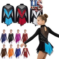 Girls Figure Skating Dance Costume Long Sleeve Rhinestones Lyrical Dress Costume