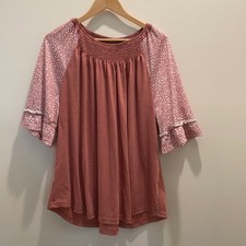 Pink Smocked Tunic Top 2XL Animal Print Ruffle 3/4 Raglan Sleeve Boho Blouse