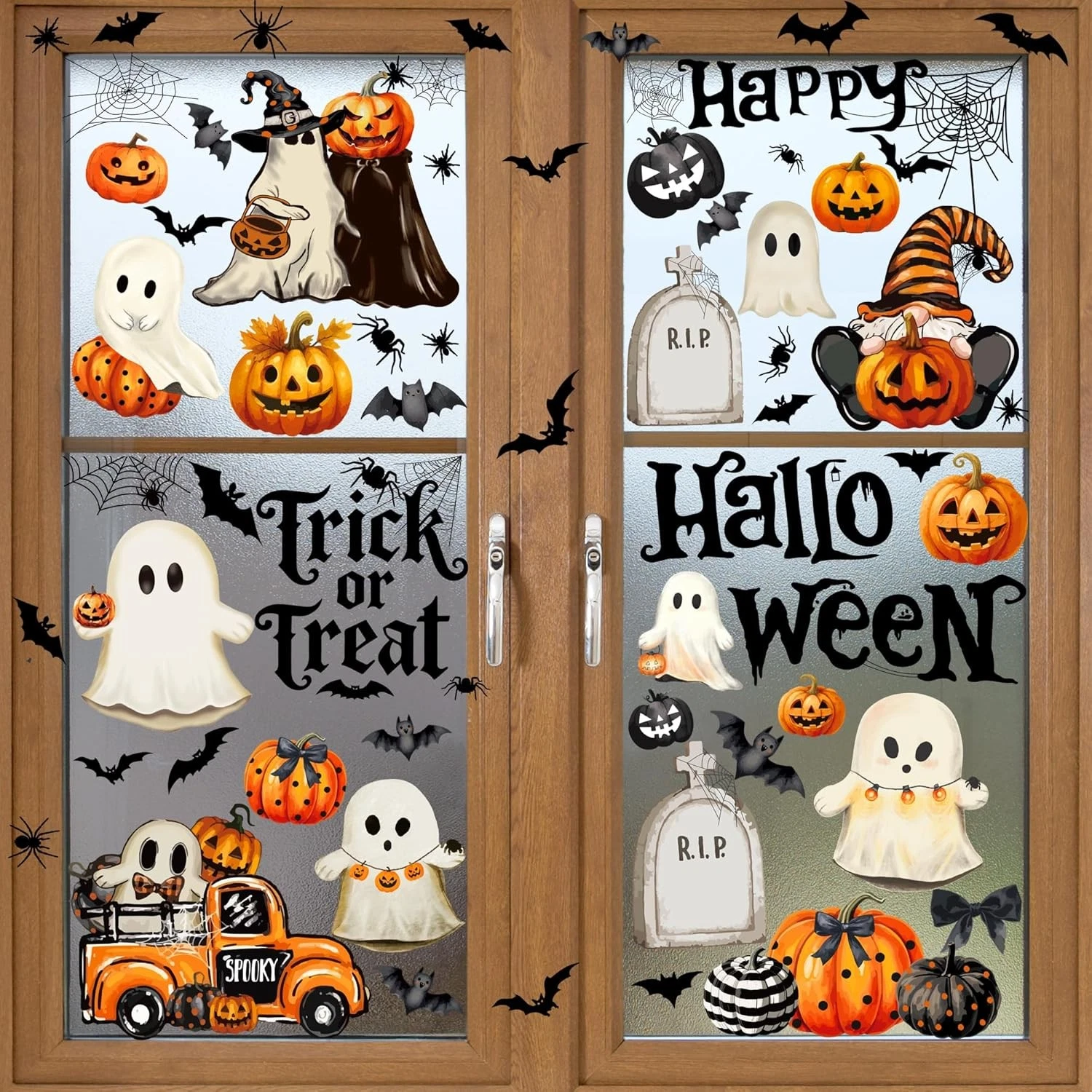 Halloween Window Clings,Double-Sided Reusable Window Decals,Vintage Ghost Pumpki