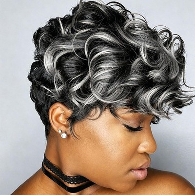 6'' Short Pixie Wigs Black Women Short Black Curly Pixie Synthetic Hair Wigs 