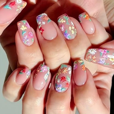 24Pcs Flower Press on Nails Medium Square Fake Nails Flower Fake Nails-7