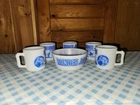 Vintage Hazel Atlas Milk Glass Ranger Joe Mugs And Bowl (Blue Decals)