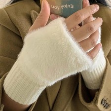 Soft Winter Half Finger Gloves Women Warm Luxury Solid White Plush Knitted Finge