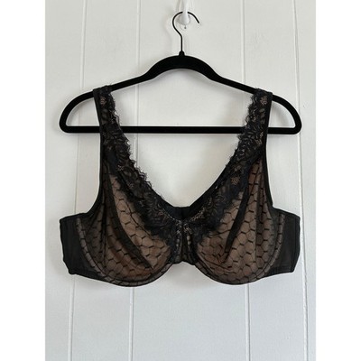 Cacique Black Lace Overlay Tulle Full Coverage Underwire Bra 42C