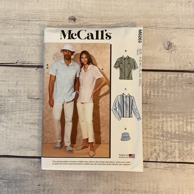 McCalls 8263 Sewing Pattern Shirt Button Front Hat Unisex Adult S-3XL UNCUT
