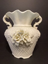 VINTAGE BISQUE PORCELAIN TWO HANDLE VASE WITH RIBBONS & ROSES 9.75in