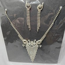 Silver Rhinestone Statement Necklace  Long Dangle Earrings Set