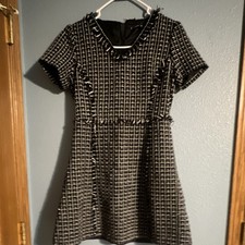 SHEIN Black/White Check Tweed Fringe Fit & Flare Lined Short Dress M