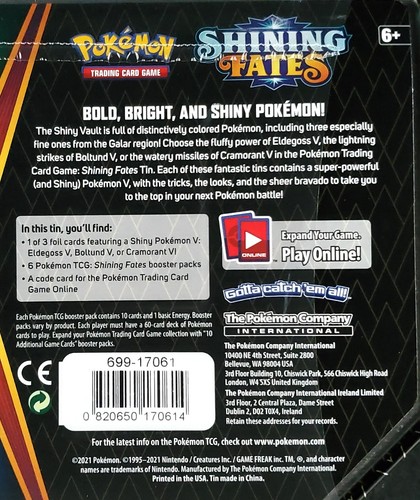Factory Sealed 2021 Pokémon TCG Shining Fates Tin – Featuring Cramorant V - Picture 8 of 9