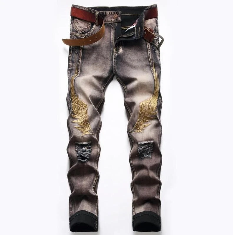 Men's Retro Embroidery Ripped Straight Leg Casual Pants Denim Jeans Trousers New