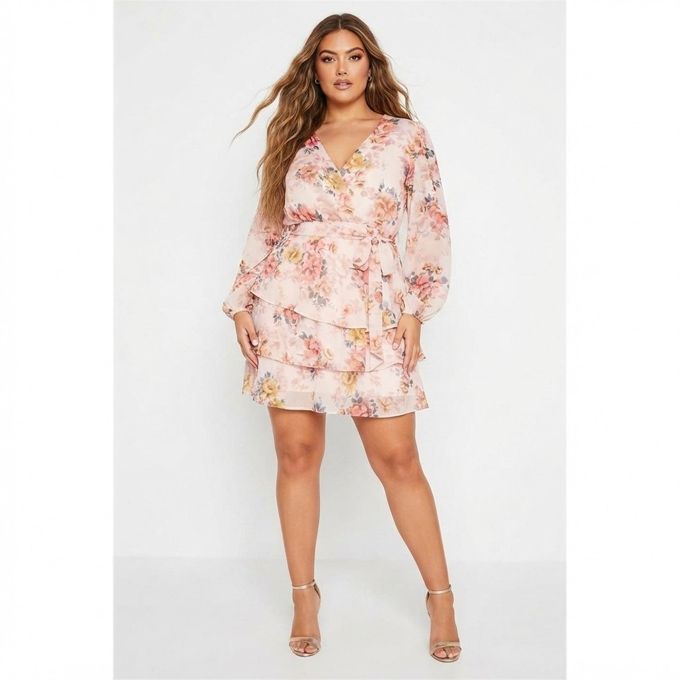 Forever New Ruffle Mini Dress Size 16 Blush Pink Floral Wrap Tiered Long Sleeve