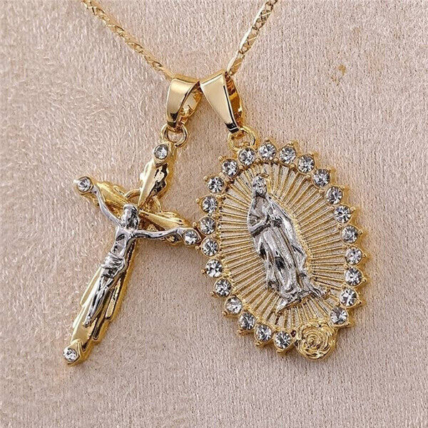 14K Yellow Gold Beaded Rosary Jesus Christ Crucifix Cross & Virgin Mary  Necklace - A&V Pawn