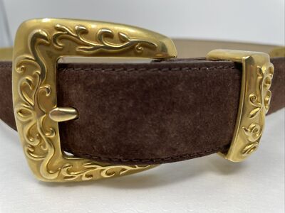 Vintage Fossil Belt with heavy brass buckle Fossil Womens Belt Magenta Pink Leather Scalloped Edge Brass  main image 3