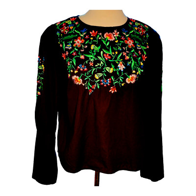 ZARA Basic Z1975 Denim Sz M Black Floral Embroidered Long Sleeve Top Blouse