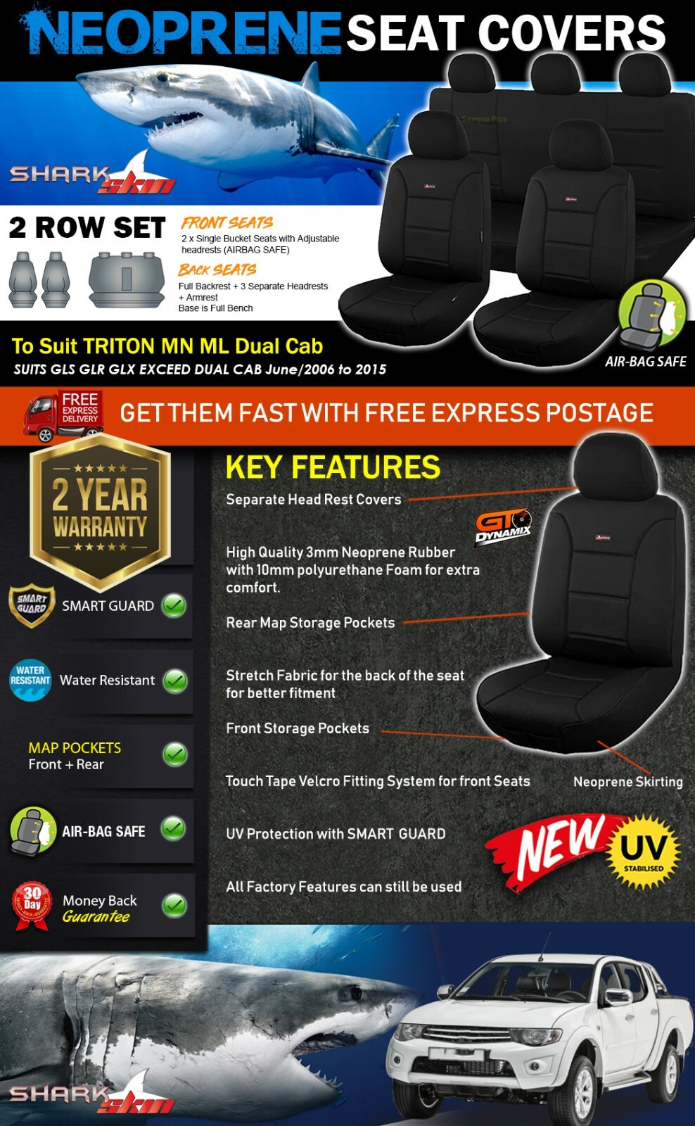 SharkSkin Neoprene Seat Covers Triton MN ML Dual CAB GLS GLR GLXR