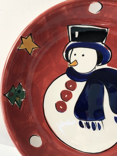 Gibson Housewares Christmas Dessert Plate Red with Snowman Stars & Snowballs 8" - Picture 3 of 8