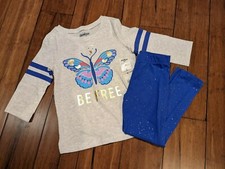 NWT Oshkosh Butterfly Tee Shirt Top and Sparkle Pants Girls Heather Gray Varsity