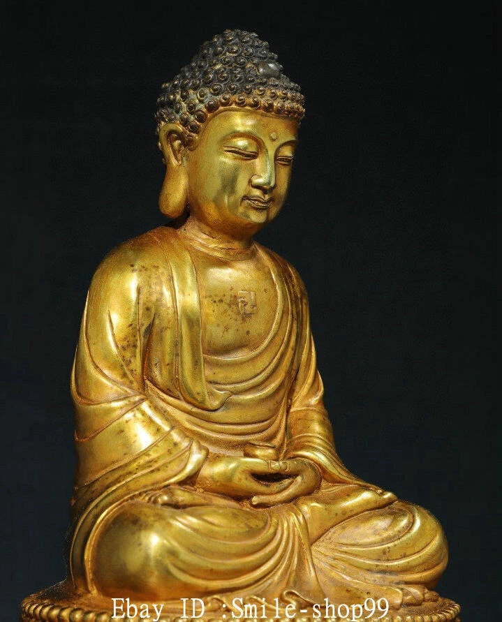 Estatua de Buda Shakyamuni Sakyamuni Amitabha dorado bronce puro tibetano antiguo de 11,4" Foto 4 de 4