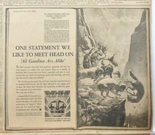 Large 1935 newspaper ad for Red Crown Gas - Bighorn sheep vs. wolves, Live Power