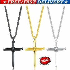 Stainless Steel Male Jesus Christ Nail Cross Crucifix Pendant Necklace Chain USA